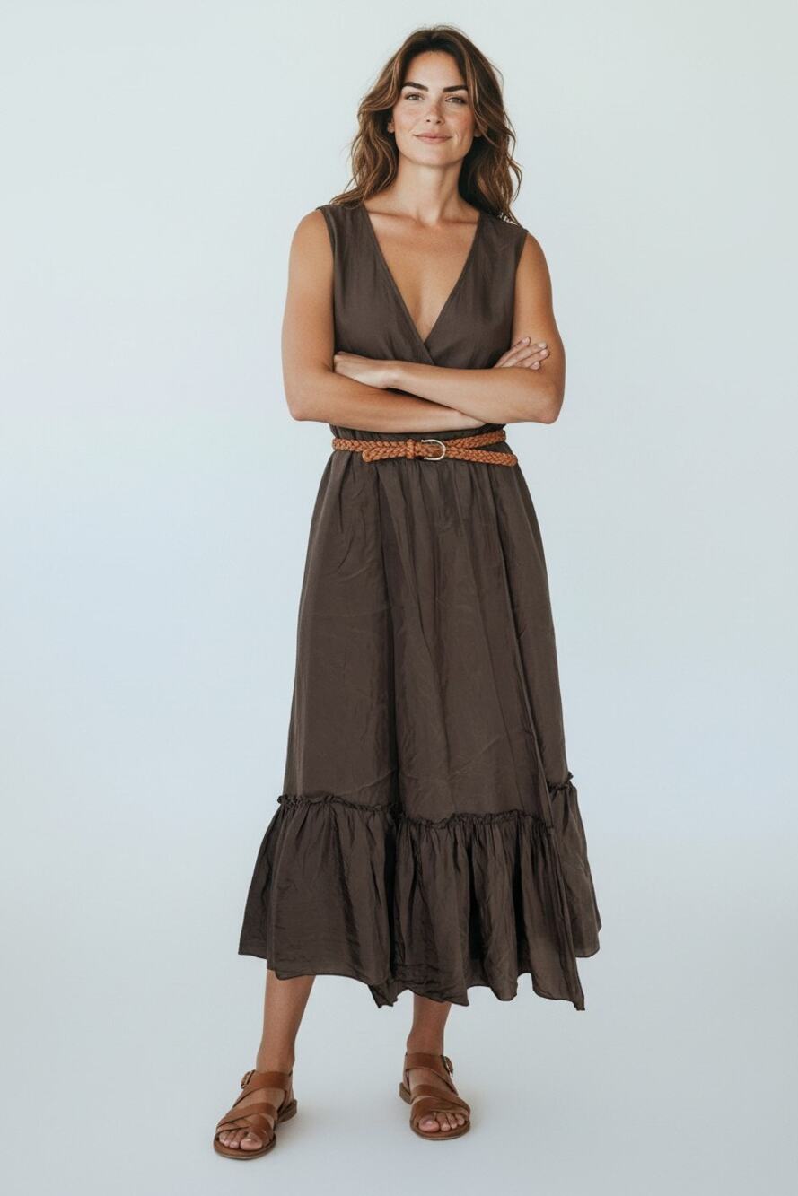 L Dress 100% Silk brown sleeveless wrap-style midi V-neck ruffled tierd